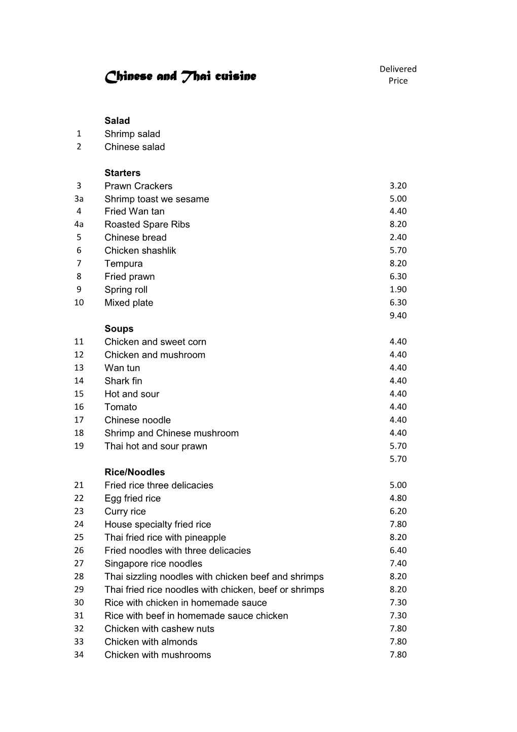 Chinese and Thai Cuisine Price