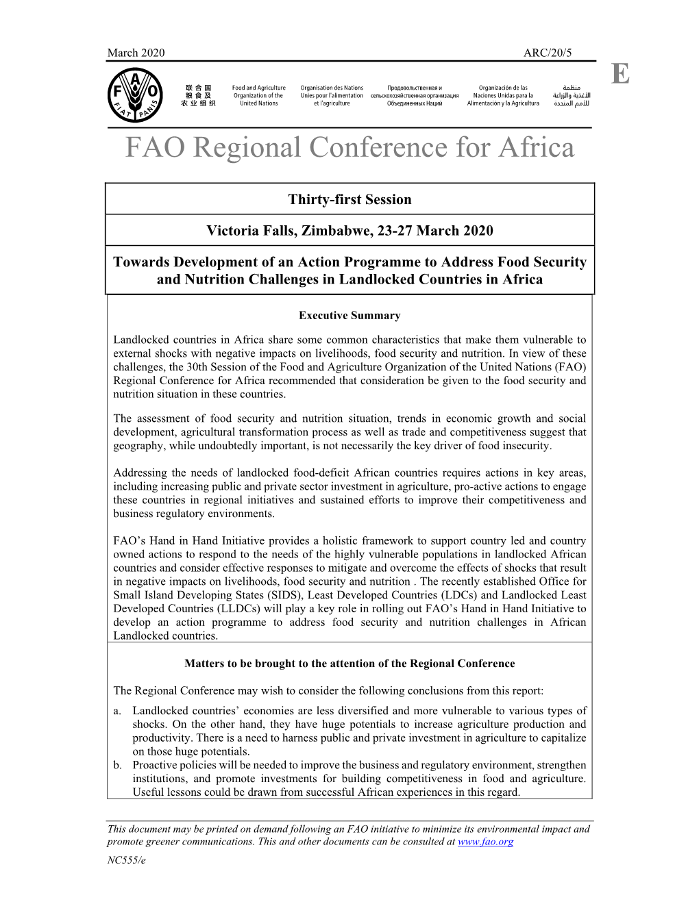 Towards Development of an Action Programme to Address Food Security and Nutrition Challenges in Landlocked Countries in Africa