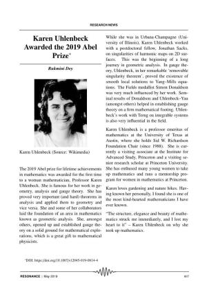 Karen Uhlenbeck Awarded the 2019 Abel Prize