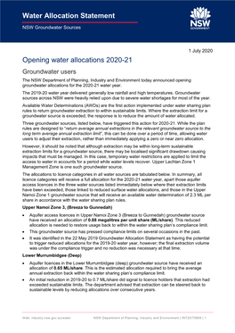 2020 July Water Allocation Statement NSW Groundwater Sources
