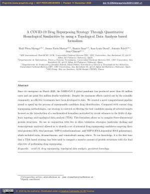 A COVID-19 Drug Repurposing Strategy Through Quantitative Homological Similarities by Using a Topological Data Analysis Based Formalism