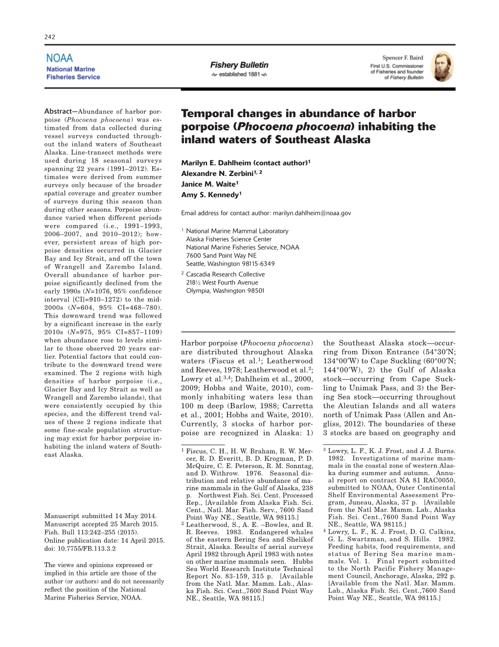 Temporal Changes in Abundance of Harbor Porpoise (Phocoena