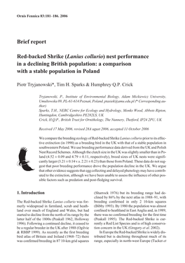 Brief Report Red-Backed Shrike (Lanius Collurio)