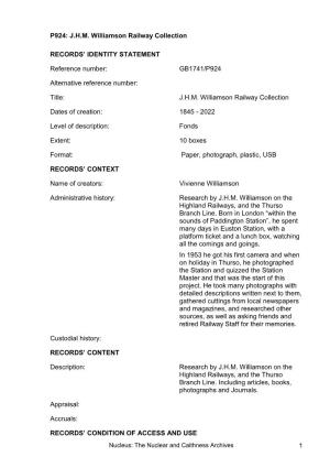 1 P924: JHM Williamson Railway Collection RECORDS' IDENTITY