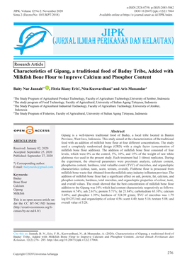 Characteristics of Gipang, a Traditional Food of Baduy Tribe, Added with Milkfish Bone Flour to Improve Calcium and Phosphor Content