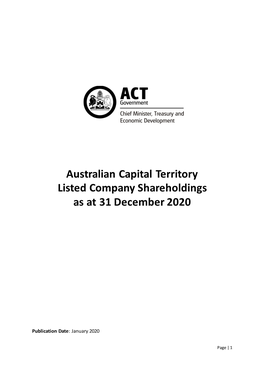 Australian Capital Territory Listed Company Shareholdings As at 31 December 2020