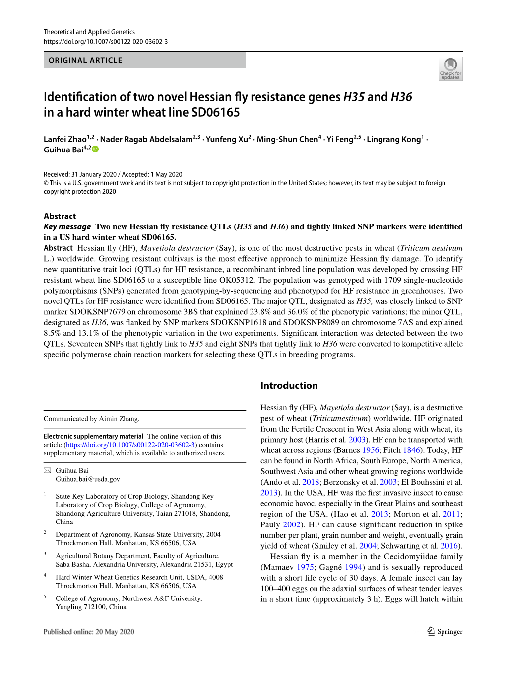 Identification of Two Novel Hessian Fly Resistance Genes H35 and H36 in A