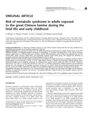 Risk of Metabolic Syndrome in Adults Exposed to the Great Chinese Famine During the Fetal Life and Early Childhood