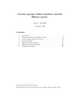 Coxeter Groups, Salem Numbers and the Hilbert Metric