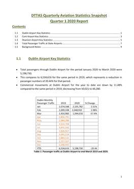 DTTAS Quarterly Aviation Statistics Snapshot Quarter 1 2020 Report Contents