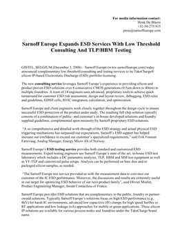Sarnoff Europe Expands ESD Services with Low Threshold Consulting and TLP/HBM Testing