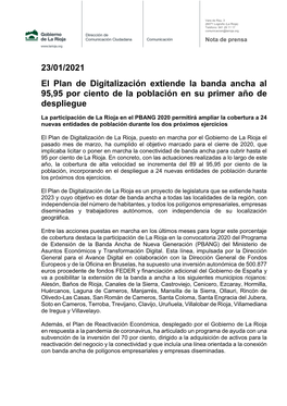 23/01/2021 El Plan De Digitalización Extiende La Banda Ancha Al 95,95 Por Ciento De La Población En Su Primer Año De Despliegue