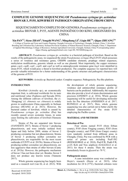 COMPLETE GENOME SEQUENCING of Pseudomonas Syringae Pv. Actinidiae BIOVAR 3, P155, KIWIFRUIT PATHOGEN ORIGINATING from CHINA SEQU