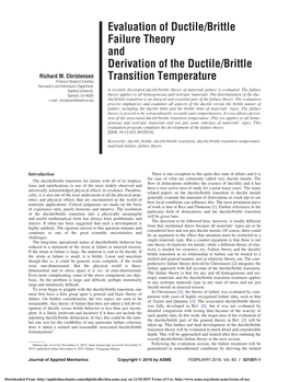 Evaluation of Ductile/Brittle Failure Theory and Derivation of the Ductile/Brittle Richard M