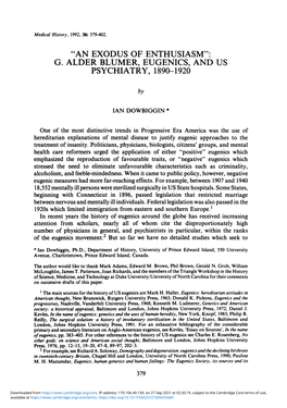 "An Exodus of Enthusiasm": G. Alder Blumer, Eugenics, and Us Psychiatry, 1890-1920
