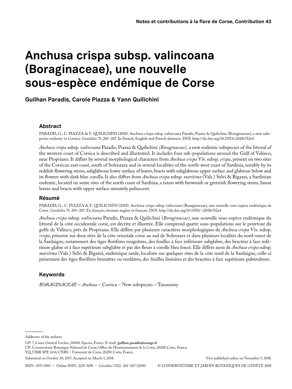 Anchusa Crispa Subsp. Valincoana (Boraginaceae), Une Nouvelle Sous-Espèce Endémique De Corse
