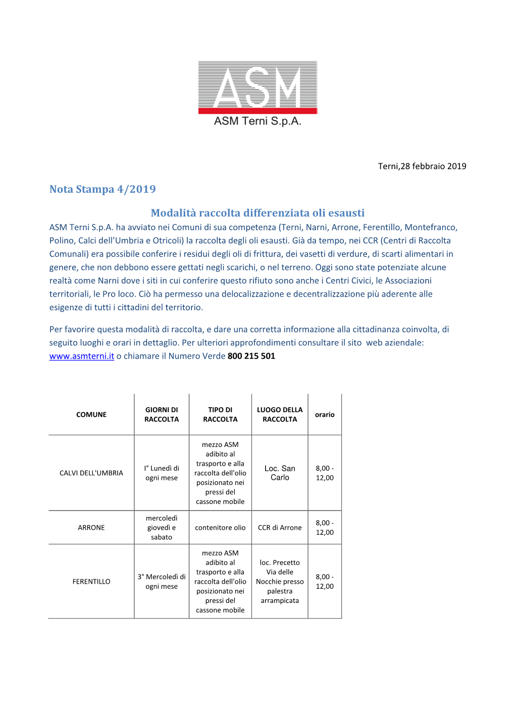 Nota Stampa 4/2019 Modalità Raccolta Differenziata Oli Esausti