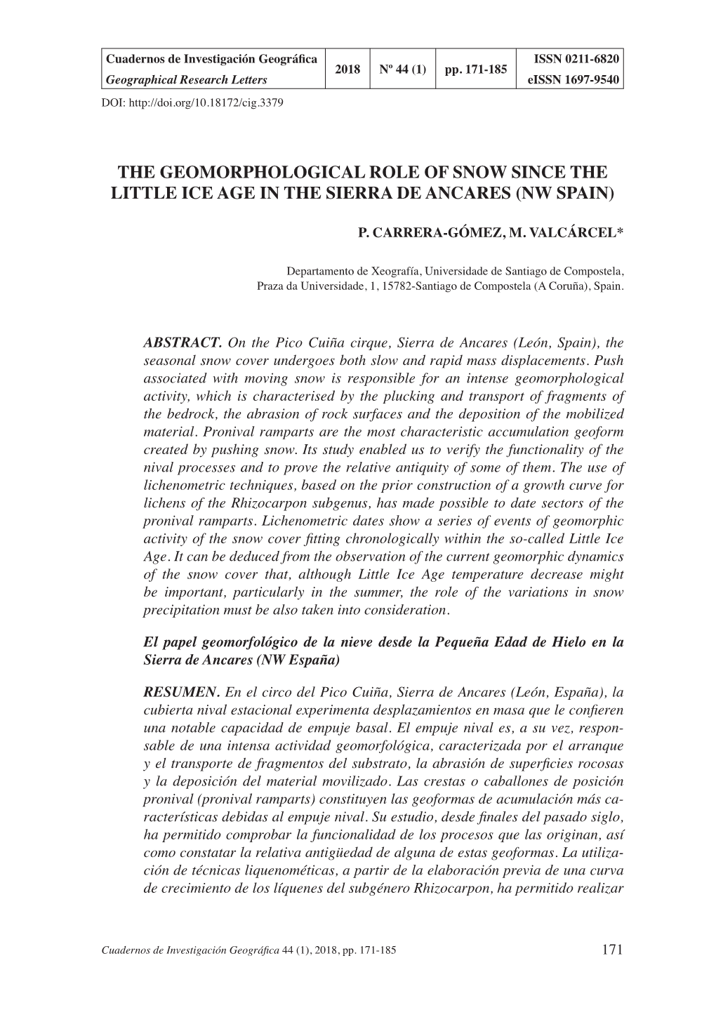 The Geomorphological Role of Snow Since the Little Ice Age in the Sierra De Ancares (Nw Spain)