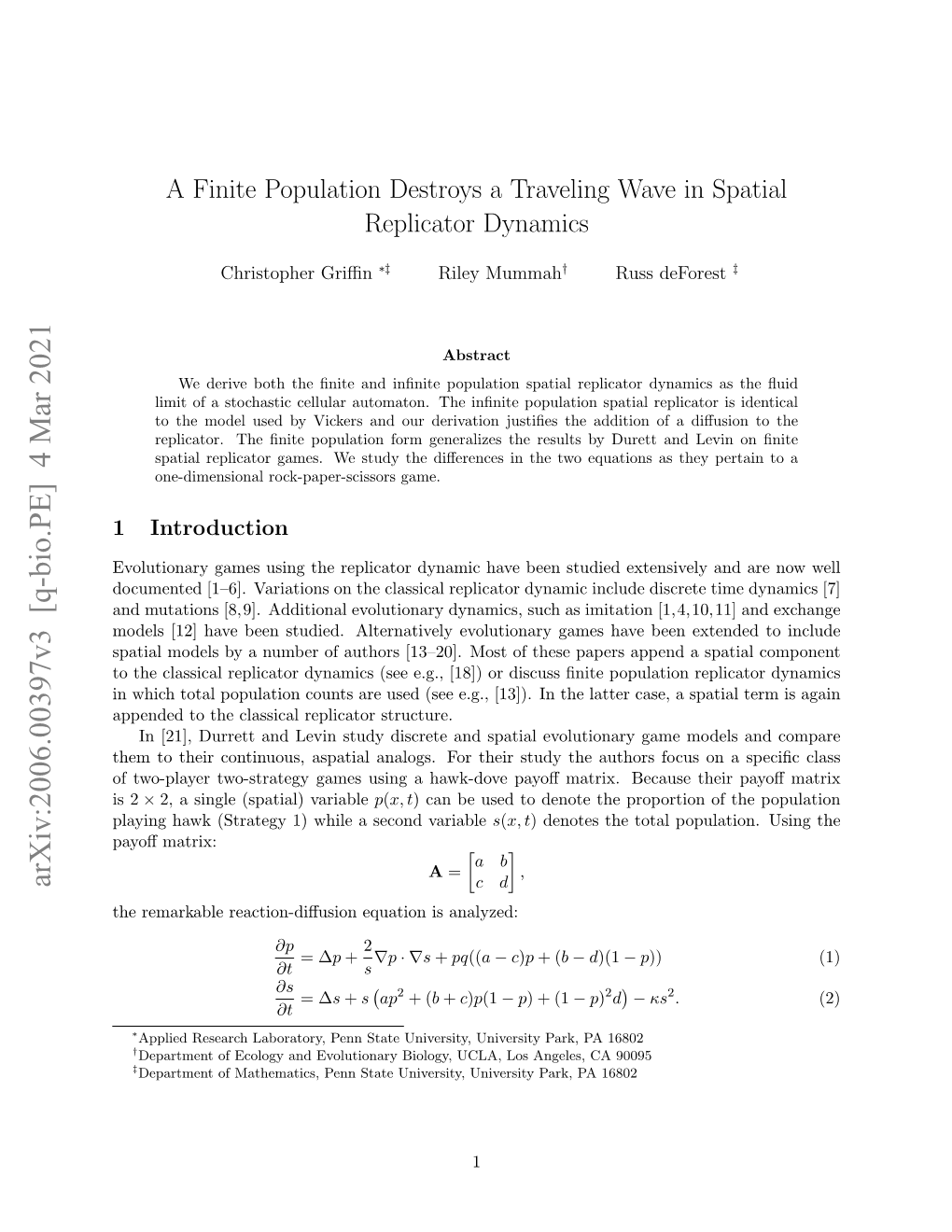 Arxiv:2006.00397V3 [Q-Bio.PE] 4 Mar 2021