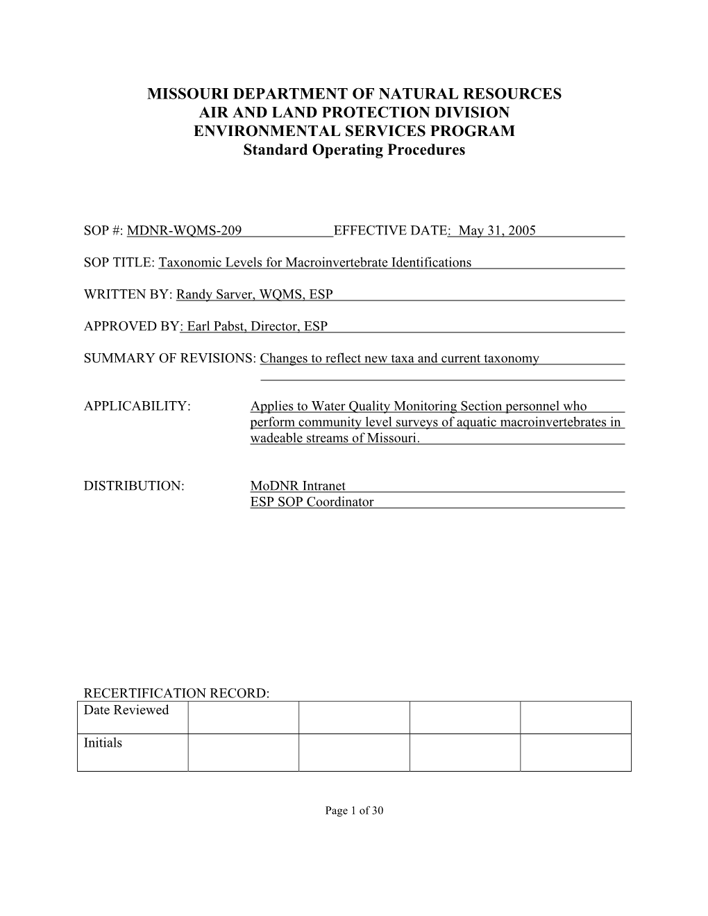 SOP #: MDNR-WQMS-209 EFFECTIVE DATE: May 31, 2005