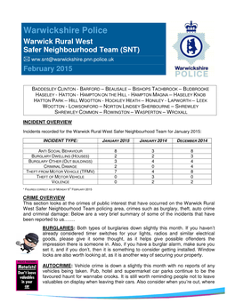 Warwickshire Police Warwick Rural West Safer Neighbourhood Team (SNT)  Wrw.Snt@Warwickshire.Pnn.Police.Uk February 2015