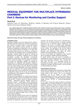 MEDICAL EQUIPMENT for MULTIPLACE HYPERBARIC CHAMBERS Part I: Devices for Monitoring and Cardiac Support