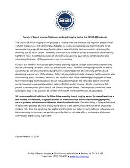 Society of Breast Imaging Statement on Breast Imaging During the COVID-19 Pandemic