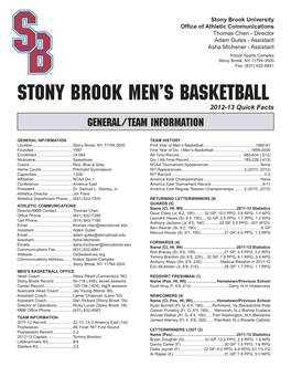 Stony Brook Men's Basketball Stony2011-12 Brook Combined Teamstatistics Statistics (As of Sep 06, 2012) All Games