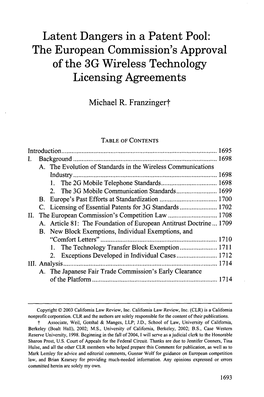Latent Dangers in a Patent Pool: the European Commission's Approval of the 3G Wireless Technology Licensing Agreements