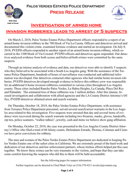 Investigation of Armed Home Invasion Robberies Leads to Arrest of 5 Suspects