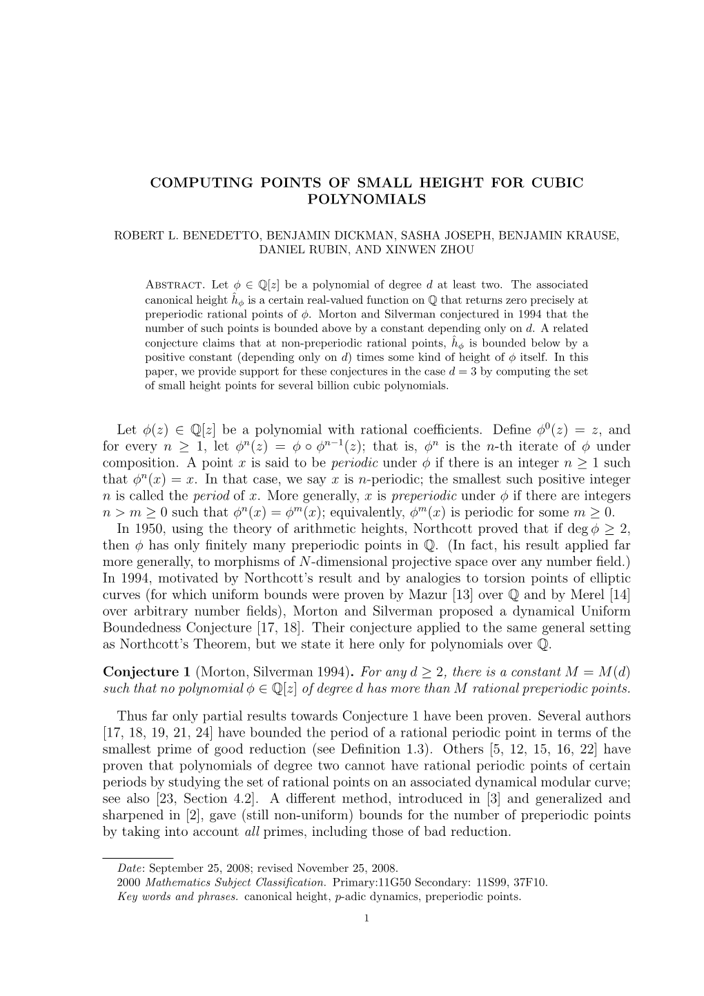 Computing Points of Small Height for Cubic Polynomials