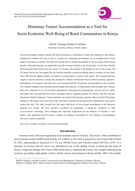 Homestay Tourist Accommodation As a Tool for Socio-Economic Well-Being of Rural Communities in Kenya