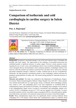 Comparison of Isothermic and Cold Cardioplegia in Cardiac Surgery in Salem District