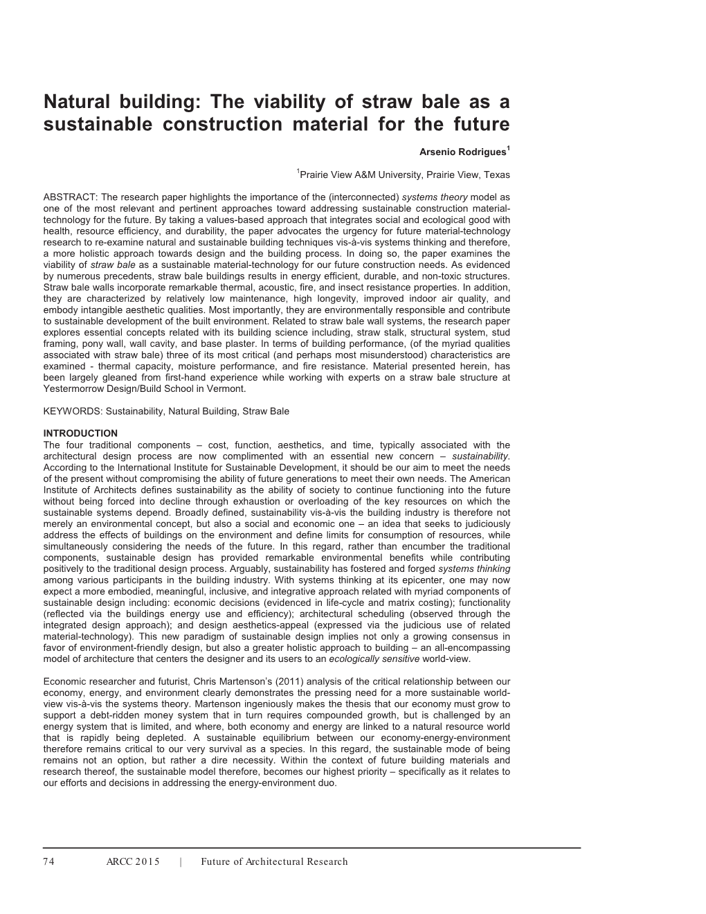 Natural Building: the Viability of Straw Bale As a Sustainable Construction Material for the Future