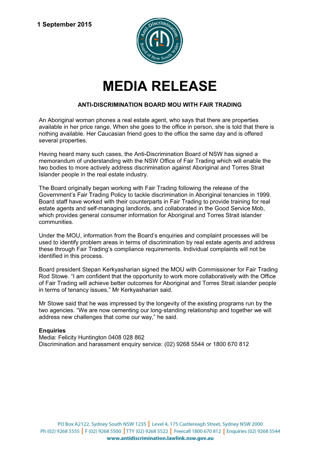 Media Release Anti-Discrimination Board Mou with Fair Trading