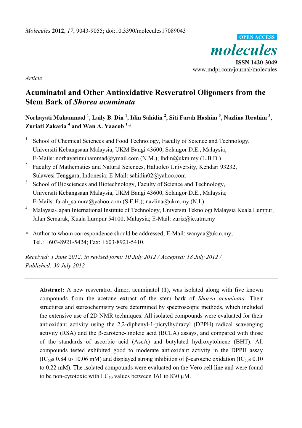 Acuminatol and Other Antioxidative Resveratrol Oligomers from the Stem Bark of Shorea Acuminata