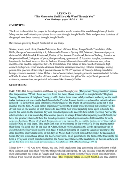 LESSON 13 “This Generation Shall Have My Word Through You” Our Heritage, Pages 23-25, 41, 58