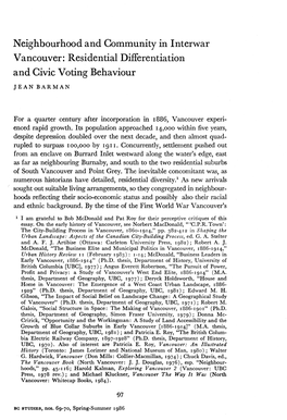 Neighbourhood and Community in Interwar Vancouver: Residential Differentiation and Civic Voting Behaviour