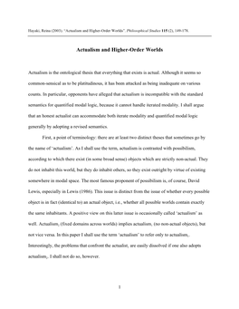 Actualism and Higher-Order Worlds”