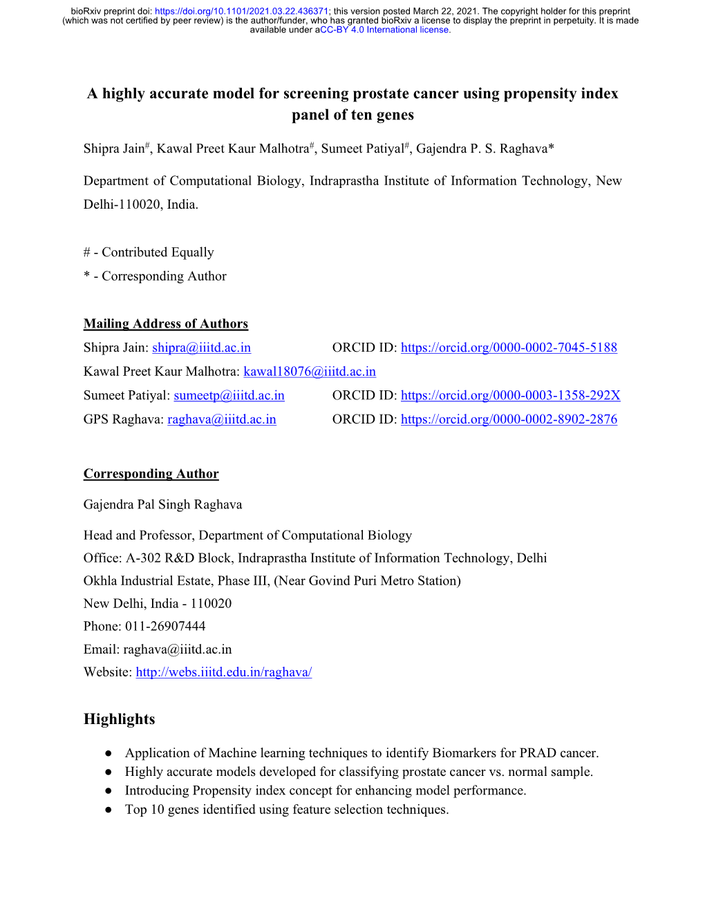 A Highly Accurate Model for Screening Prostate Cancer Using Propensity Index Panel of Ten Genes