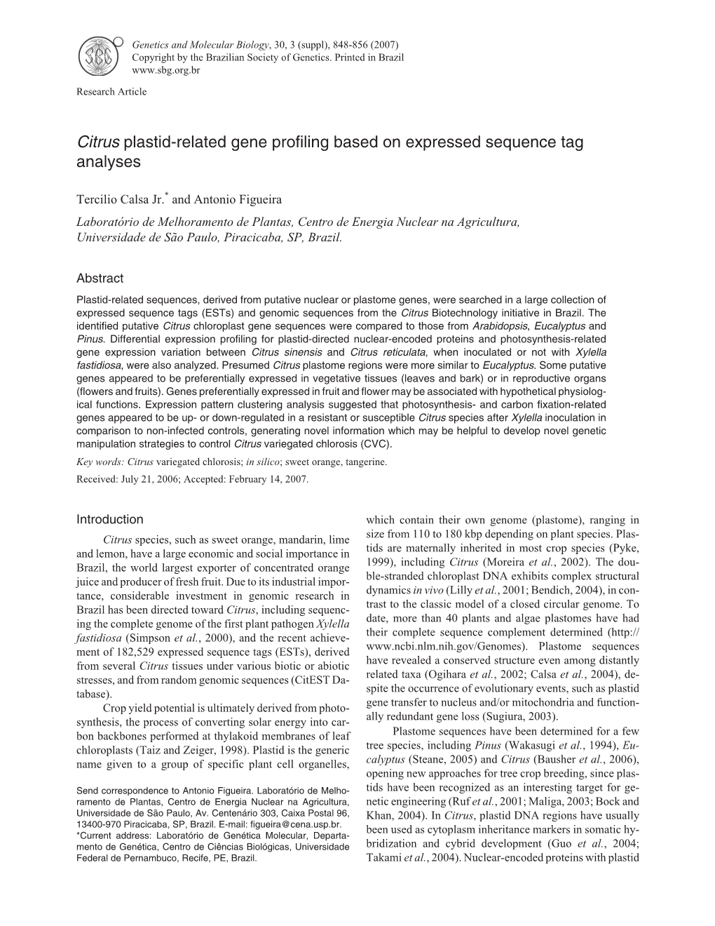 Citrus Plastid-Related Gene Profiling Based on Expressed Sequence Tag Analyses