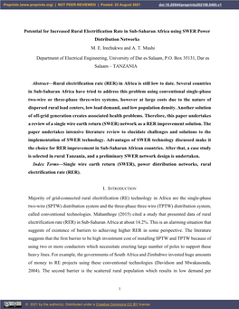 Abstract—Rural Electrification Rate (RER) in Africa Is Still Low to Date. Several Countries in Sub-Saharan Africa Have Tried T