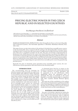 Pricing Electric Power in the Czech Republic and in Selected Countries