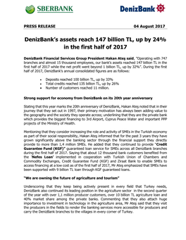 Denizbank's Assets Reach 147 Billion TL, up by 24% in the First Half of 2017