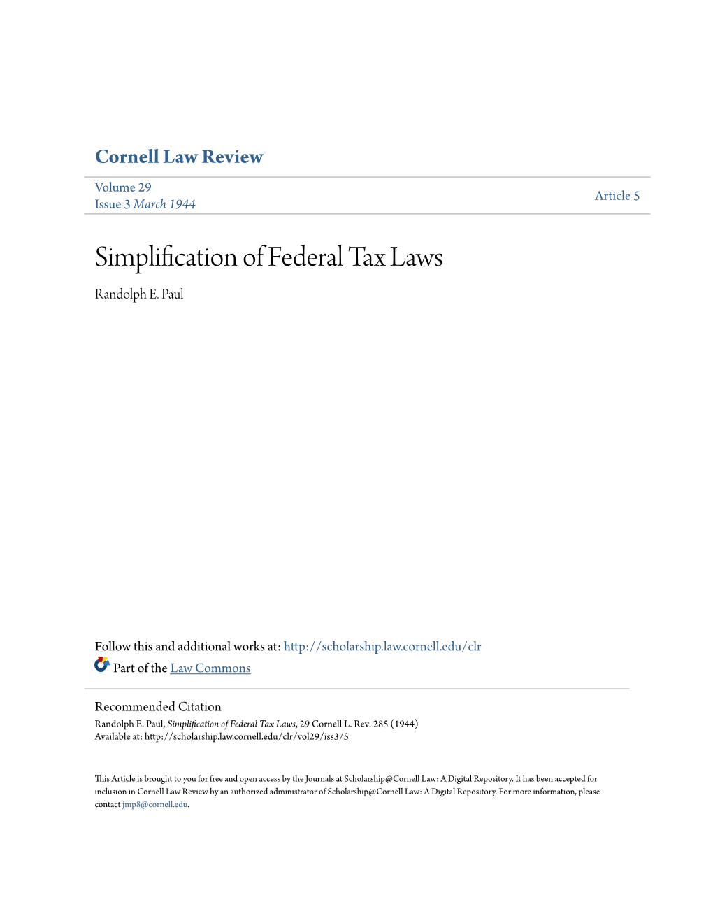 Simplification of Federal Tax Laws Randolph E