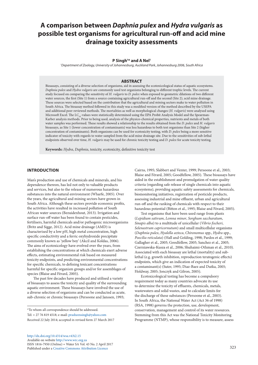 A Comparison Between Daphnia Pulex and Hydra Vulgaris As Possible Test Organisms for Agricultural Run-Off and Acid Mine Drainage Toxicity Assessments