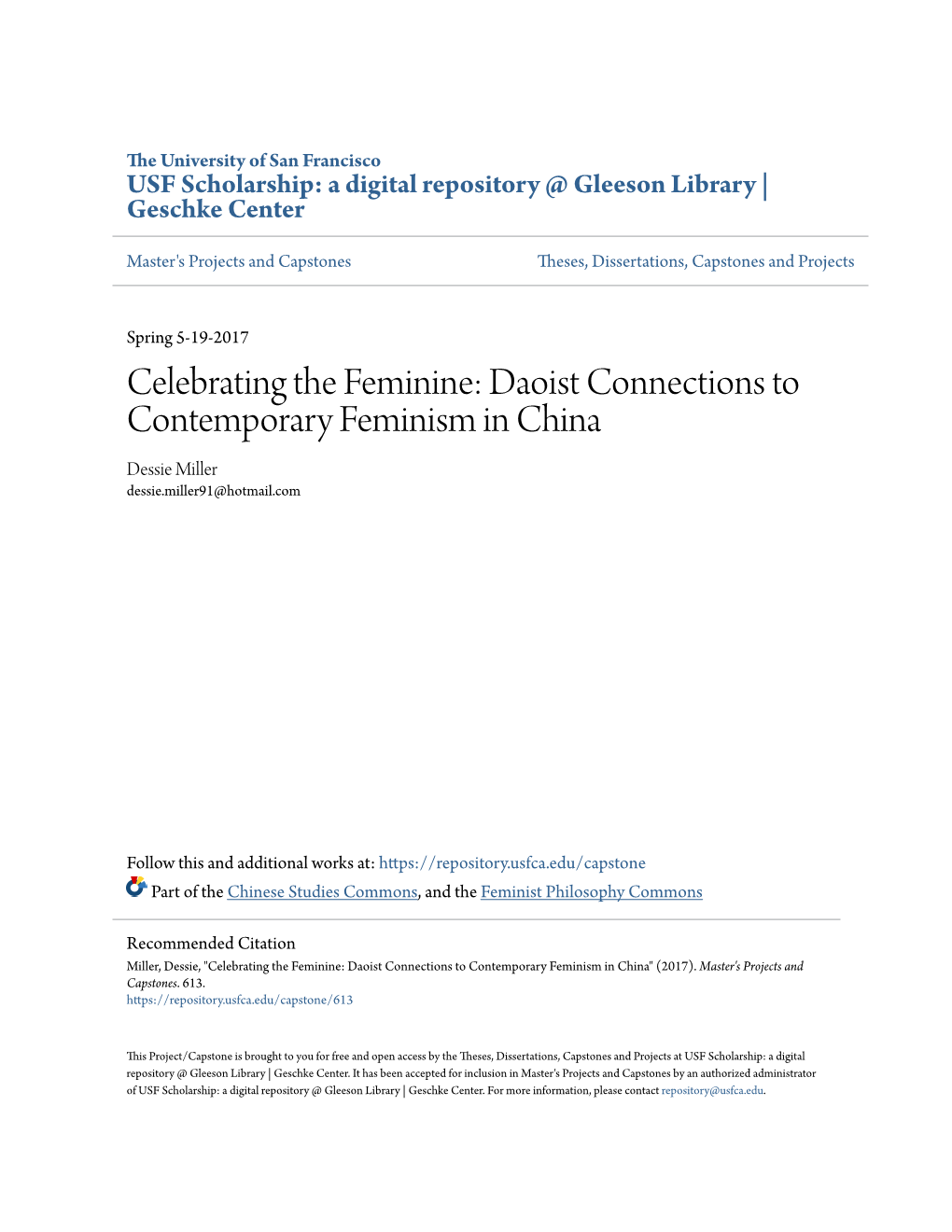 Daoist Connections to Contemporary Feminism in China Dessie Miller Dessie.Miller91@Hotmail.Com