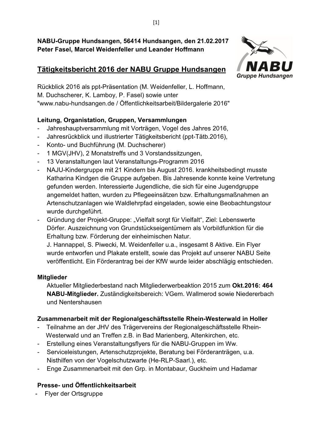 Tätigkeitsbericht 2016 Der NABU Gruppe Hundsangen