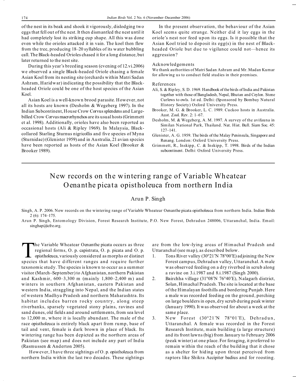 New Records on the Wintering Range of Variable Wheatear Oenanthe Picata Opistholeuca from Northern India