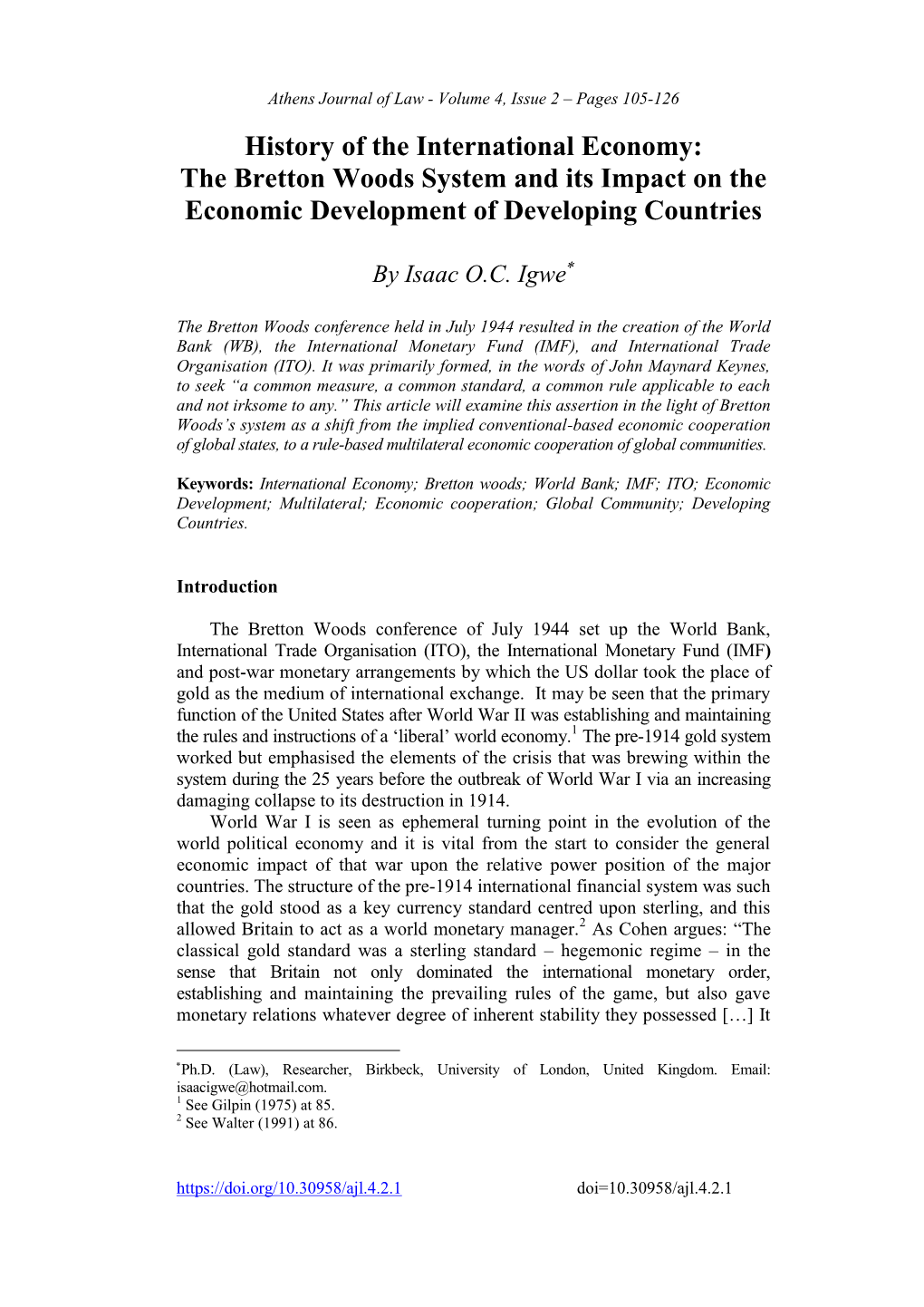 History of the International Economy: the Bretton Woods System and Its Impact on the Economic Development of Developing Countries